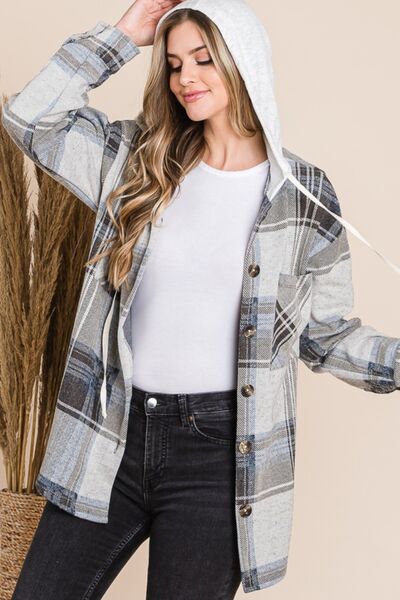 Plaid Button Up Drawstring Hooded Jacket