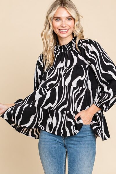 Printed Smock Neck Tiered Blouse