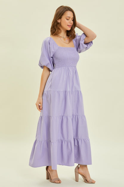 Puff Sleeve Tiered Ruffled Poplin Dress