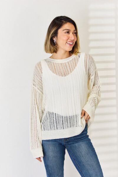 Openwork Ribbed Trim Long Sleeve Knit Top