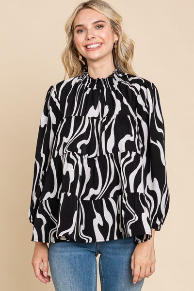 Printed Smock Neck Tiered Blouse