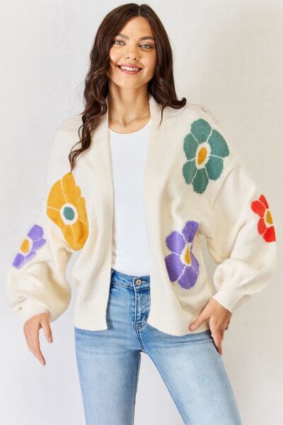 Open Front Flower Pattern Long Sleeve Sweater Cardigan