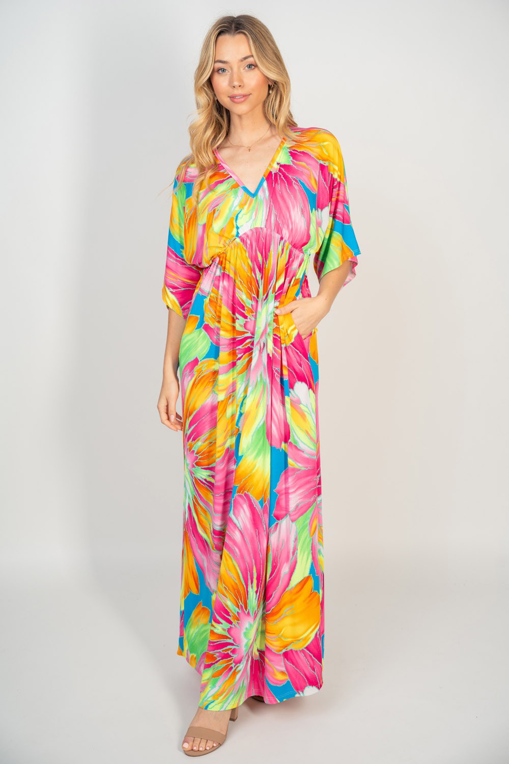 Printed V-Neck Maxi Dress with Pockets
