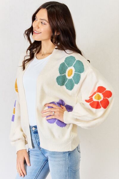 Open Front Flower Pattern Long Sleeve Sweater Cardigan