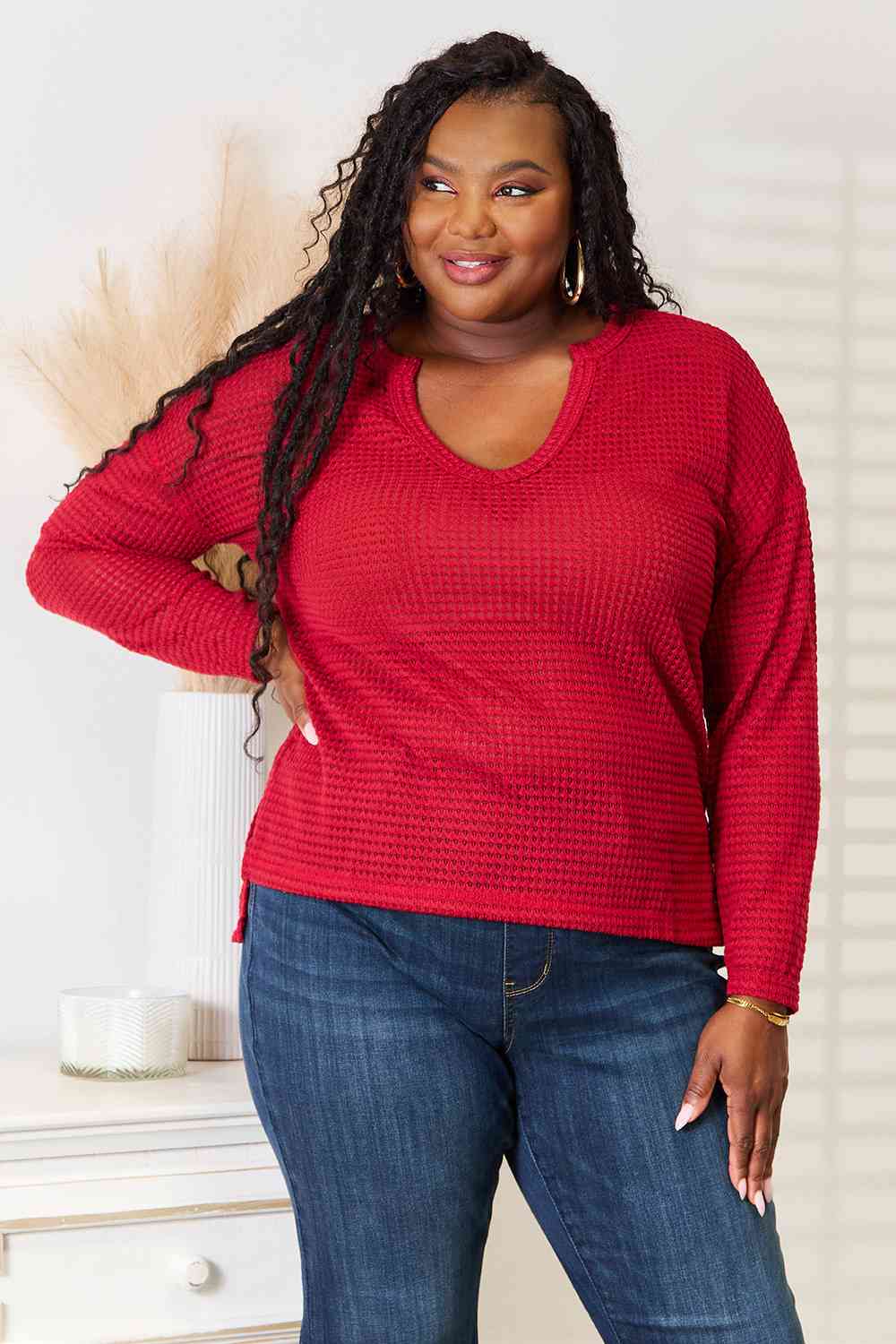 Wide Notch Relax Top Waffle-knit