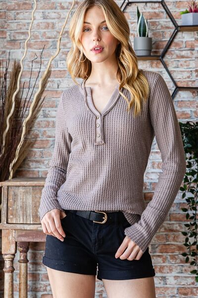 Waffle Knit Notched Long Sleeve Top