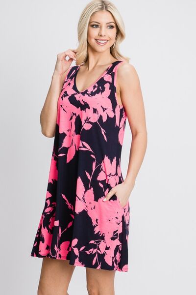 Floral V-Neck Tank Dress with Pockets