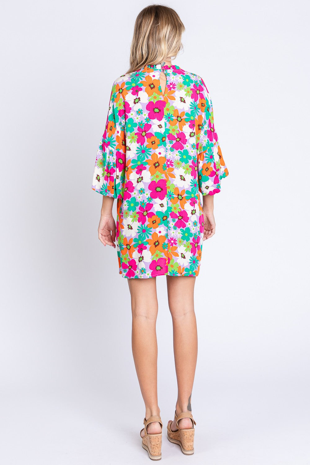 Floral Round Neck Lantern Sleeve Mini Dress