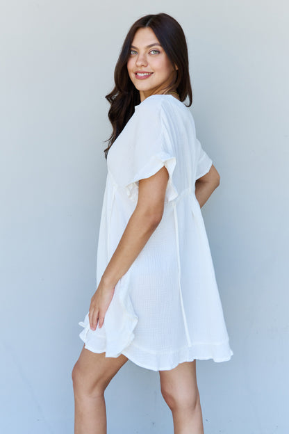 Out Of Time Ruffle Hem Dress with Drawstring Waistband in White