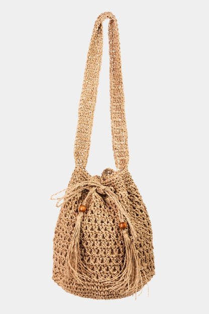 Straw Braided Drawstring Tote Bag with Tassel