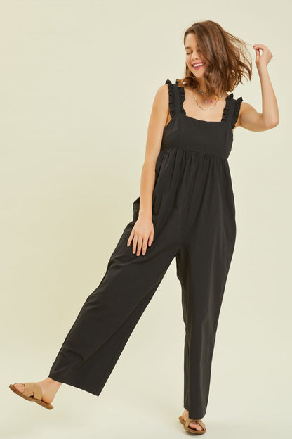 Ruffled Strap Back Tie Wide Leg Jumpsuit