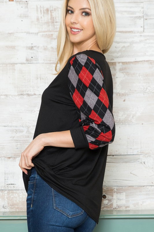 Plus Solid Checker V Neck Top