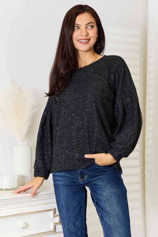 Boat Neck Glitter Long Sleeve Top