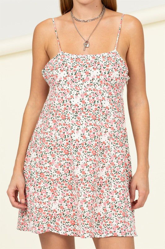 GOTTA FIND ME FLORAL TIE-BACK MINI DRESS