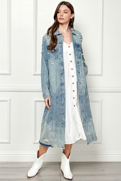 Distressed Raw Hem Pearl Detail Button Up Jacket