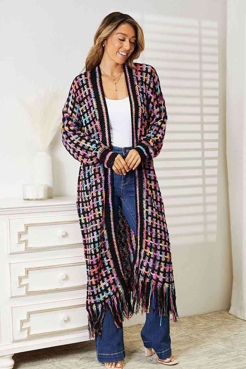 Multicolored Open Front Fringe Hem Cardigan