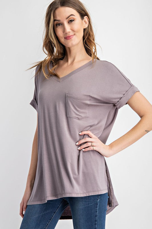 V NECK BASIC HIGH-LOW HEM TOP