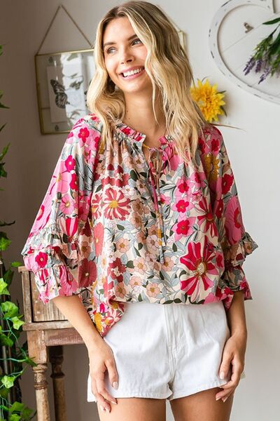 Printed Tie Neck Flounce Sleeve Blouse