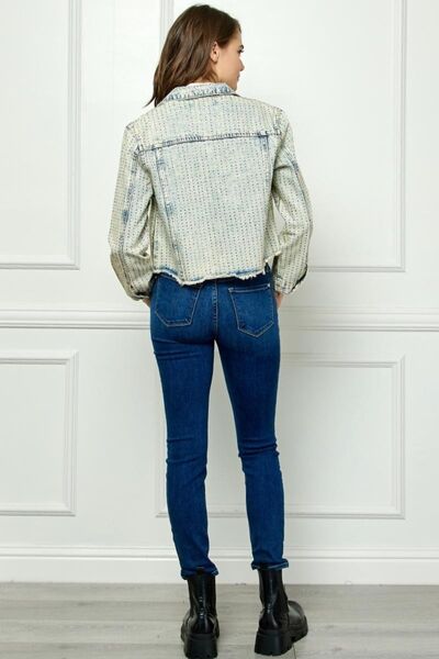 Multi Color Stripe Rhinestone Raw Hem Denim Jacket