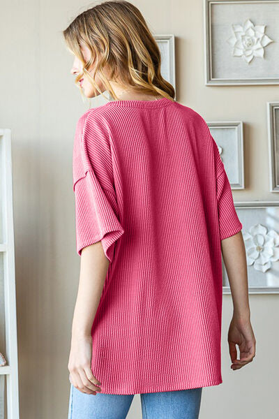 Ribbed Half Button Drop Shoulder Top