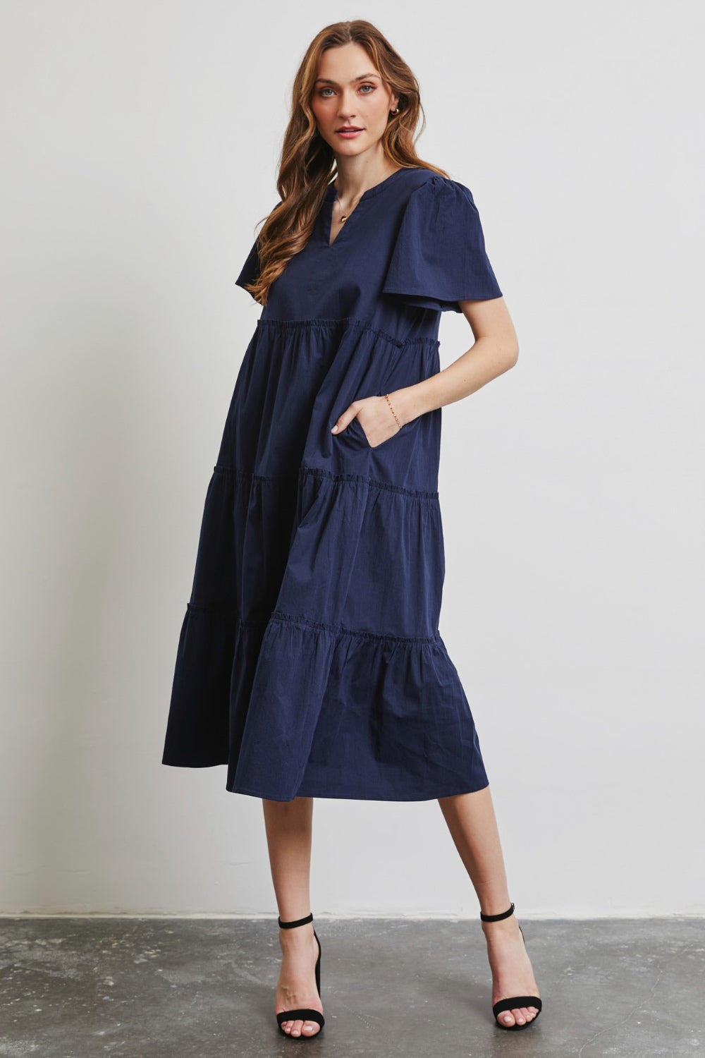 Cotton Poplin Ruffled Tiered Midi Dress