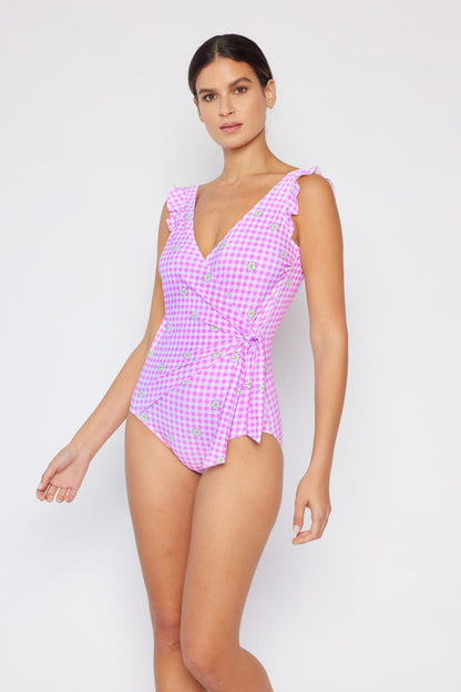 Float On Ruffle Faux Wrap One-Piece in Carnation Pink