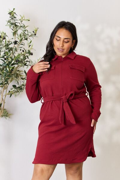 Tie Front Half Zip Long Sleeve Shirt Dress