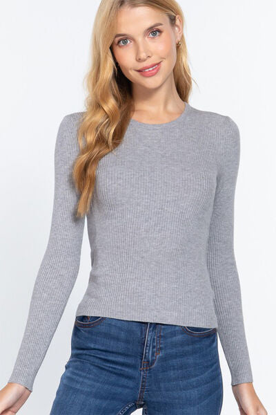 Ribbed Round Neck Long Sleeve Knit Top