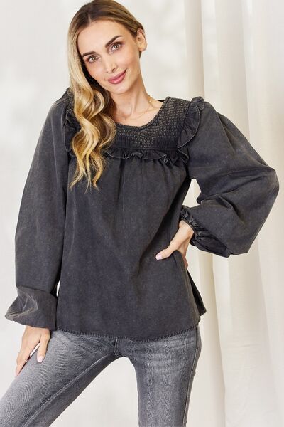 Mineral Wash Smocked Round Neck Blouse