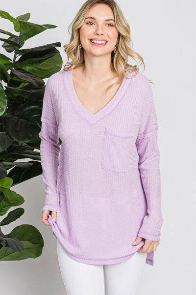 Waffle Knit V-Neck Long Sleeve T-Shirt