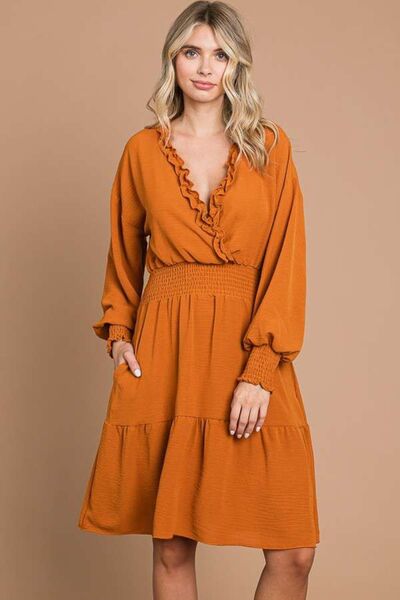 Frill Smocked Lantern Sleeve Mini Dress