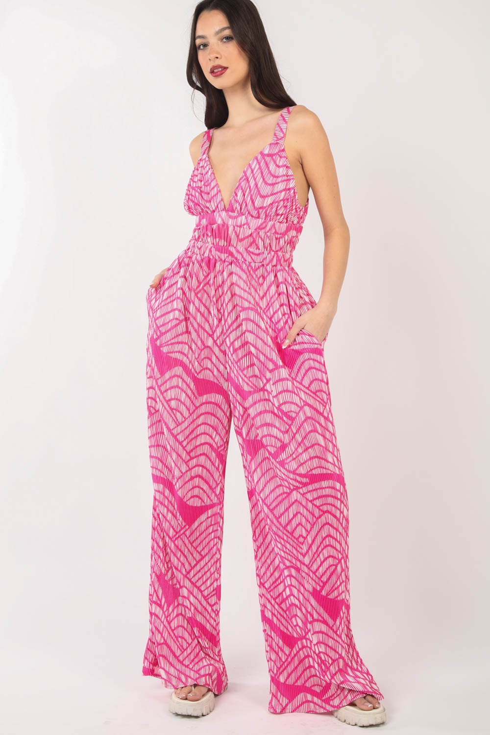 Printed Pleated Sleeveless Wide Leg Jumpsuit