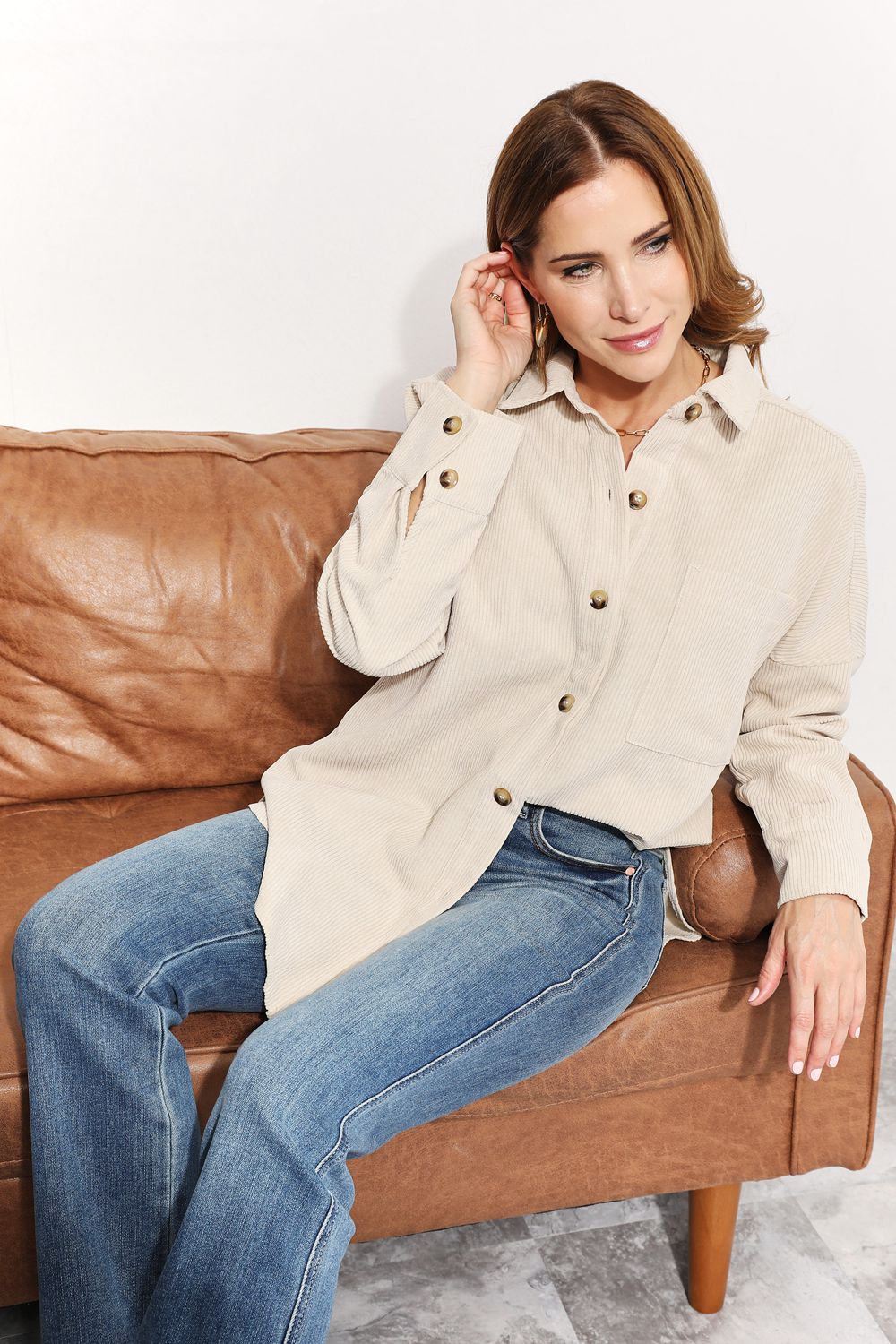 Oversized Corduroy  Button-Down Tunic Shirt with Bust Pocket