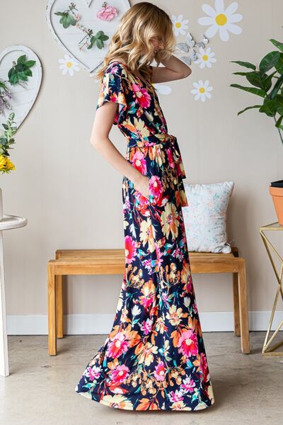 Floral Surplice Tie Waist Maxi Dress