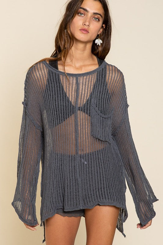 Loose Fit See-through Boat Neck Sweater