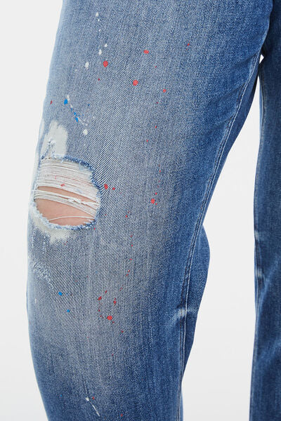 BAYEAS High Waist Distressed Paint Splatter Pattern Mom Jeans