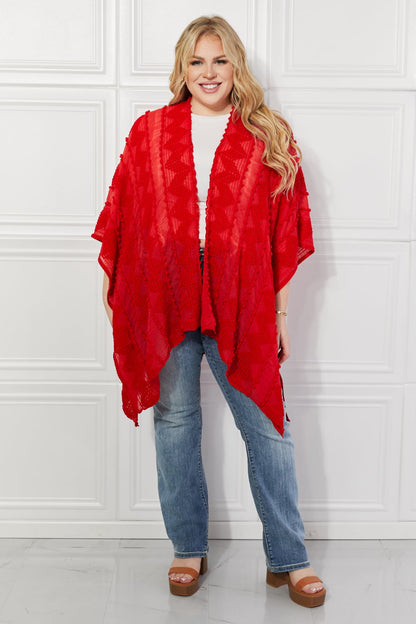 Pom-Pom Asymmetrical Poncho Cardigan in Red