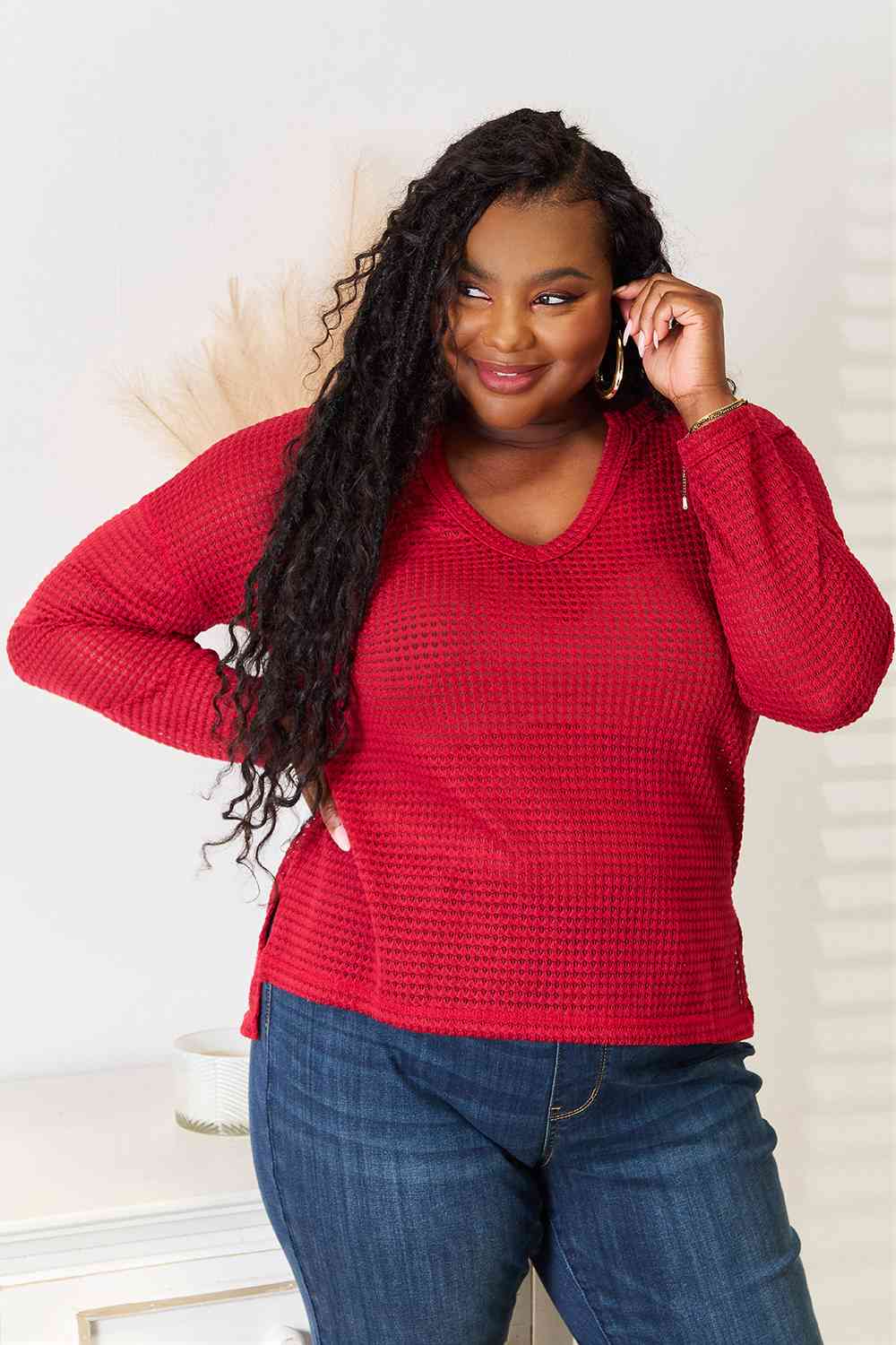 Wide Notch Relax Top Waffle-knit