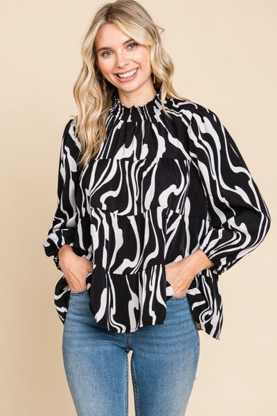 Printed Smock Neck Tiered Blouse