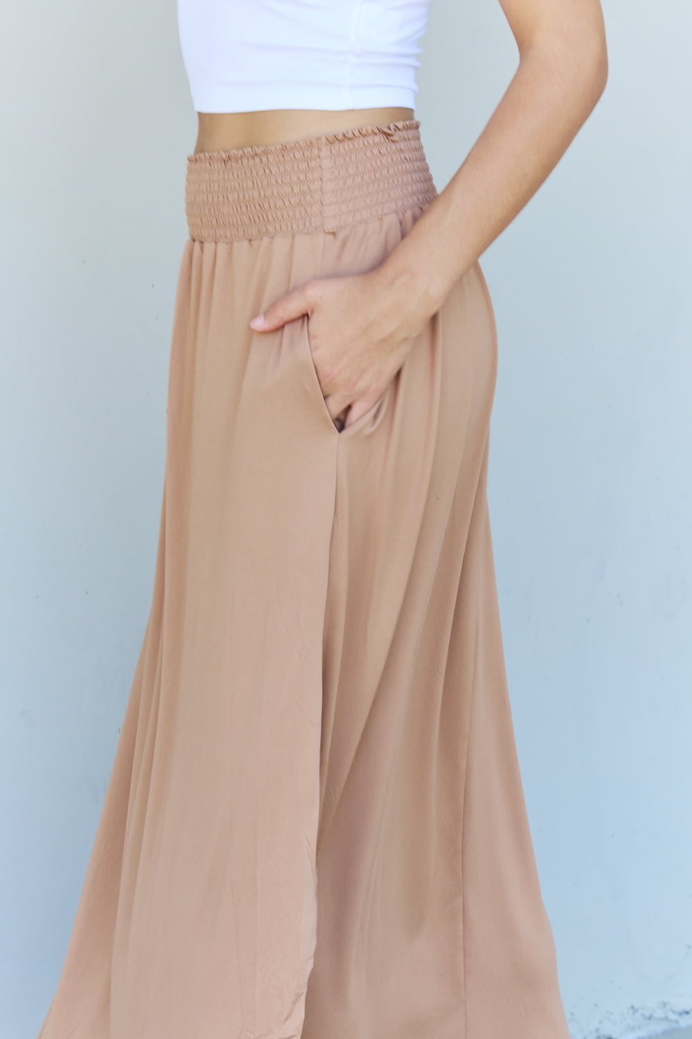 Comfort Princess High Waist Scoop Hem Maxi Skirt in Tan