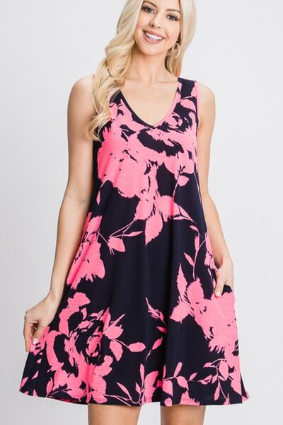 Floral V-Neck Tank Dress with Pockets