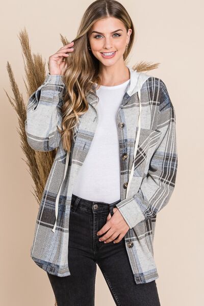 Plaid Button Up Drawstring Hooded Jacket