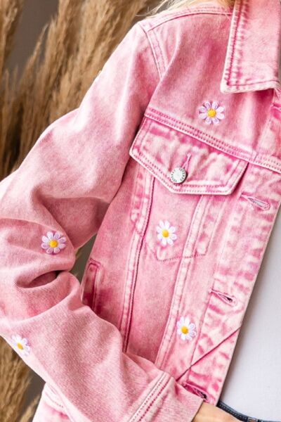 Daisy Print Button Up Denim Jacket