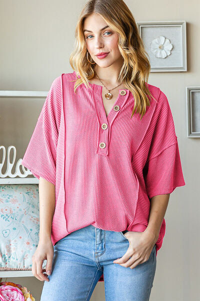 Ribbed Half Button Drop Shoulder Top