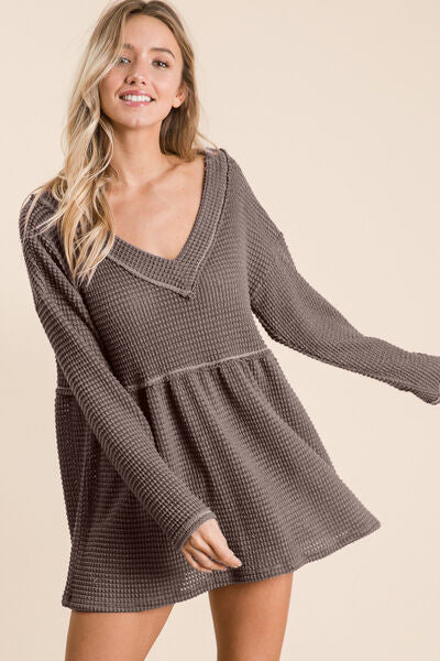 Waffle Knit V-Neck Babydoll Blouse