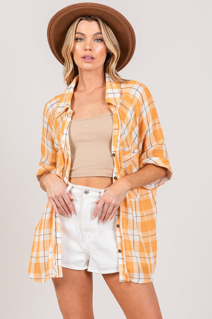 Plaid Button Up Side Slit Shirt