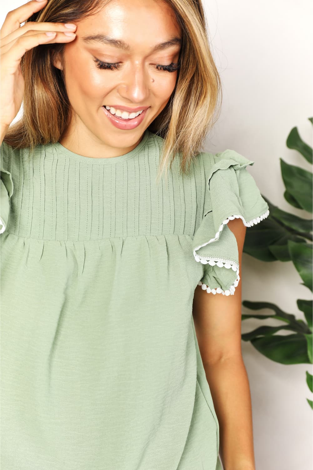 Pleated Detail Flutter Sleeve Blouse