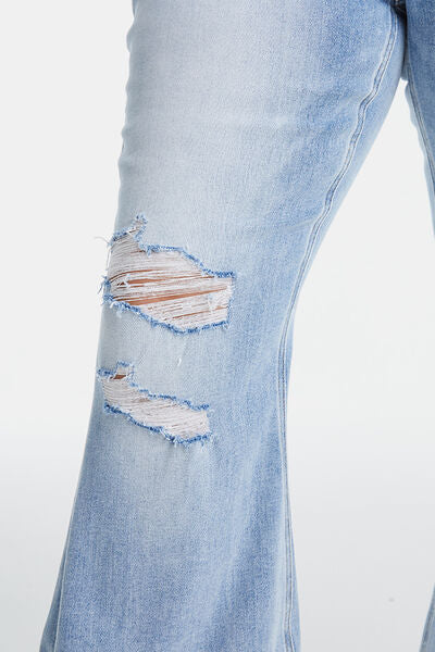 BAYEAS Distressed Raw Hem High Waist Flare Jeans