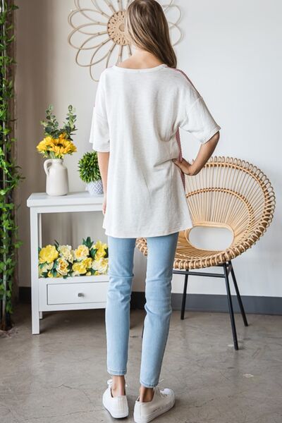 Contrast Waffle-Knit Half Sleeve Blouse