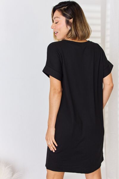 Rolled Short Sleeve V-Neck Dress